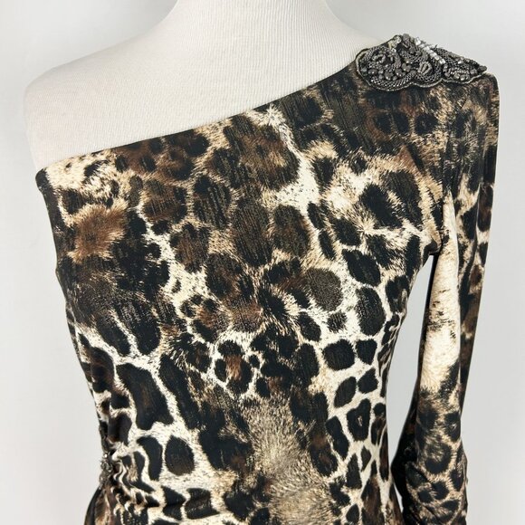 Vintage Y2K Cache One Shoulder Dress Animal Print Beaded Boho Size Small Women's - Picture 2 of 7